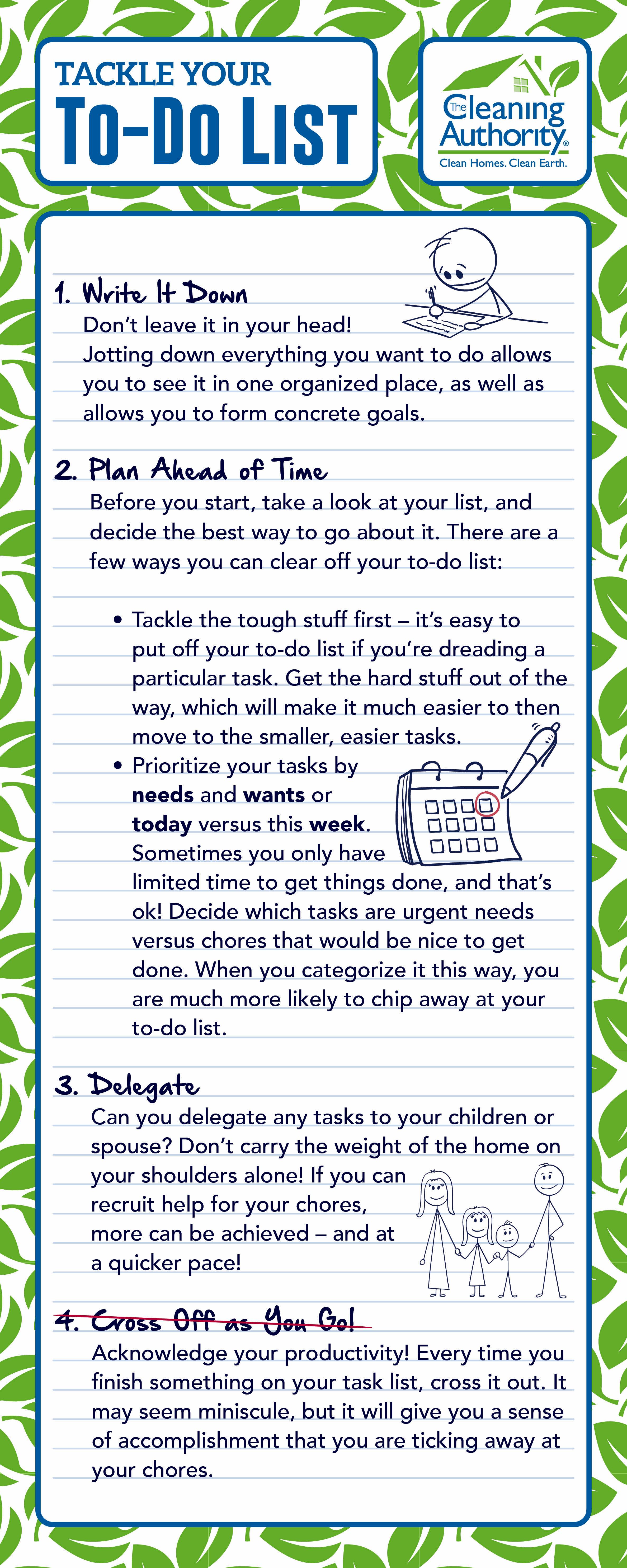 Infographic styled as a notepad with tips on tackling to-do lists, such as planning and delegating. 